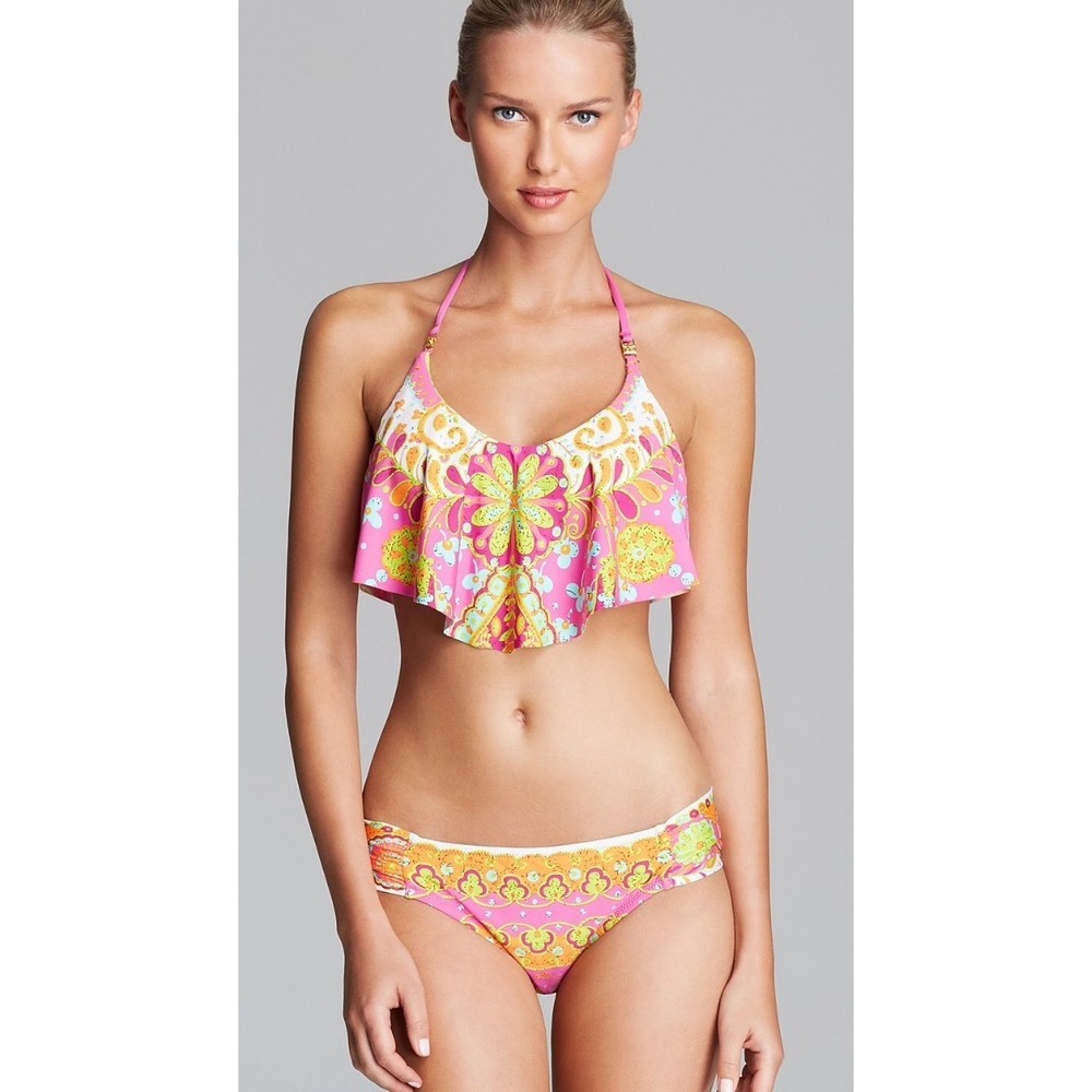 Trina Turk Pink Orange Psychedelic Floral Ruffle‎ Halter Bikini Set Size 6